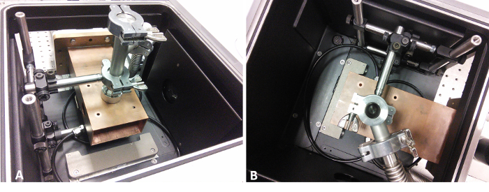 Малюнок 7: Фотографії установки FTIR на місці   Side (A) і верхній (B) вид хвилеводу в відсіку для зразків ІК-спектрометра