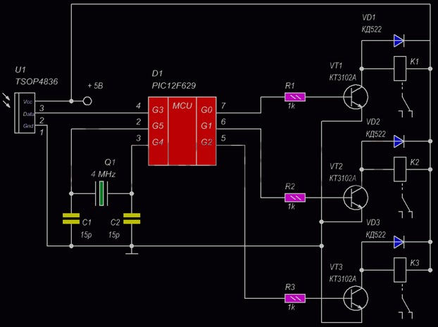 Схема приймача ІК випромінювання дистанційного керування освітлення регулятором