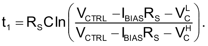 Вирішуючи диференціальне рівняння на інтервалі між нижнім (VcL) і верхнім (VcH) порогами напруги VC при сталих коливаннях, можна знайти час заряду: