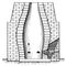 Каталонський горн з водяною повітродувною трубою: 1 - клапан;  2 - отвори для повітря;  3 - труба;  4 - злив води;  5 - дуття;  6 - фурма;  7 - руда і деревне вугілля;  8 - криця;  9 - шлак;  10 - випуск шлаку