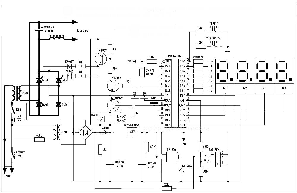 Схема зварювального апарату представлена ​​на малюнку:   Значення зварювального струму контролер неотслежівает